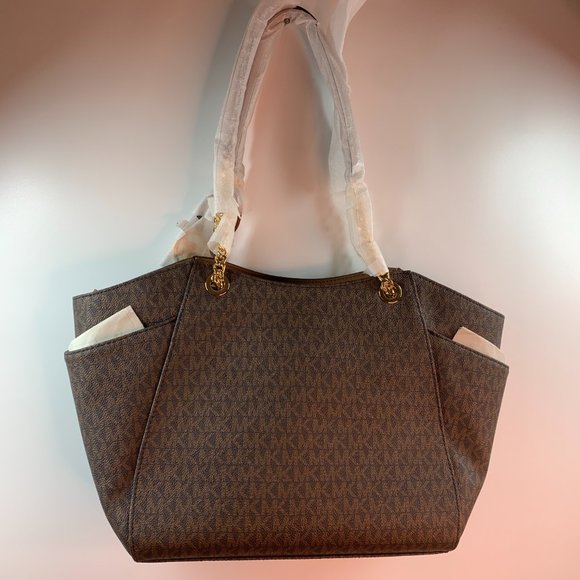 Michael Kors Jet Set Travel Logo Brown Large Shoulder Tote Gold Chain NWT - Picture 6 of 14